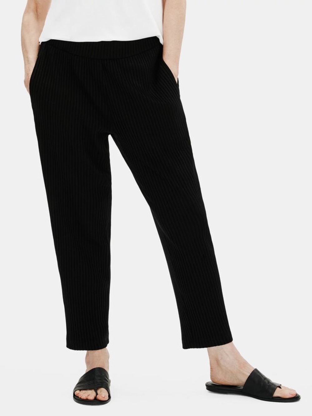Eileen Fisher Black Ribbed Knit Elastic Waist Pull On Comfy Pants Casual